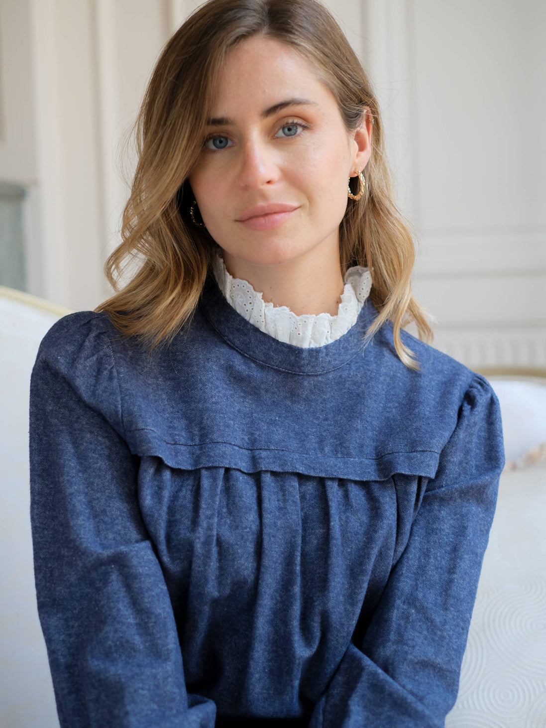 Ruffled Collar Blue Blouse