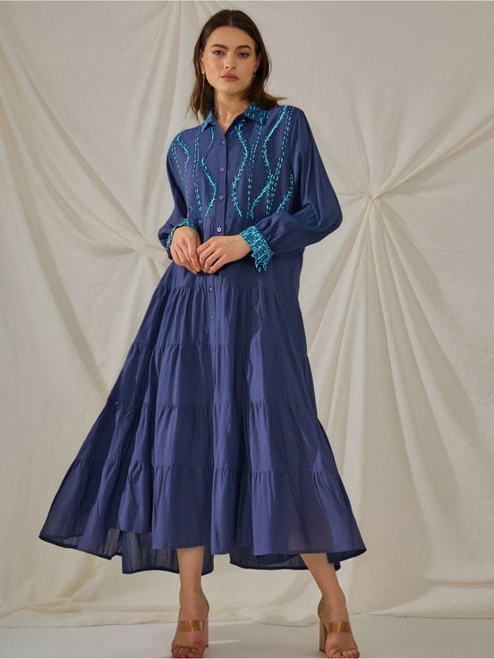 Navy Trimmed Maxi Dress