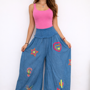 Wide Leg Embroidered Blue Pants