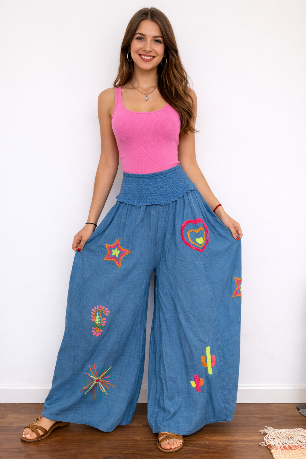 Wide Leg Embroidered Blue Pants