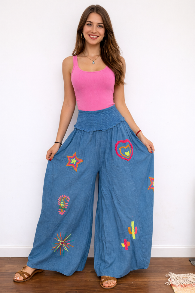 Wide Leg Embroidered Blue Pants