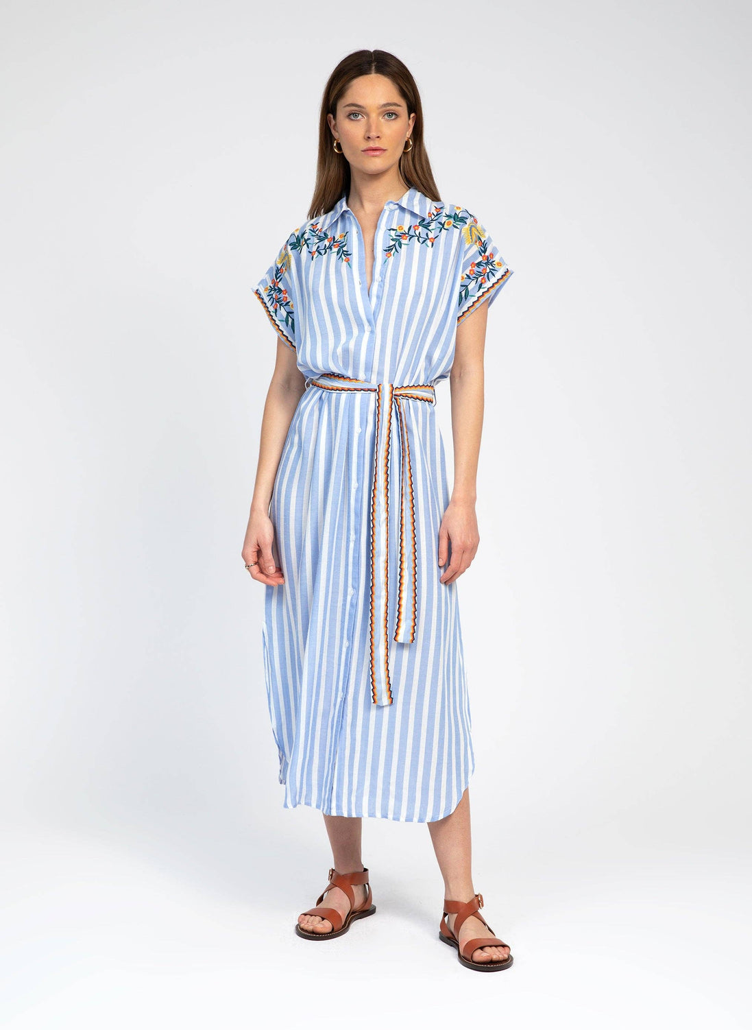 Embroidered Striped Blue Dress