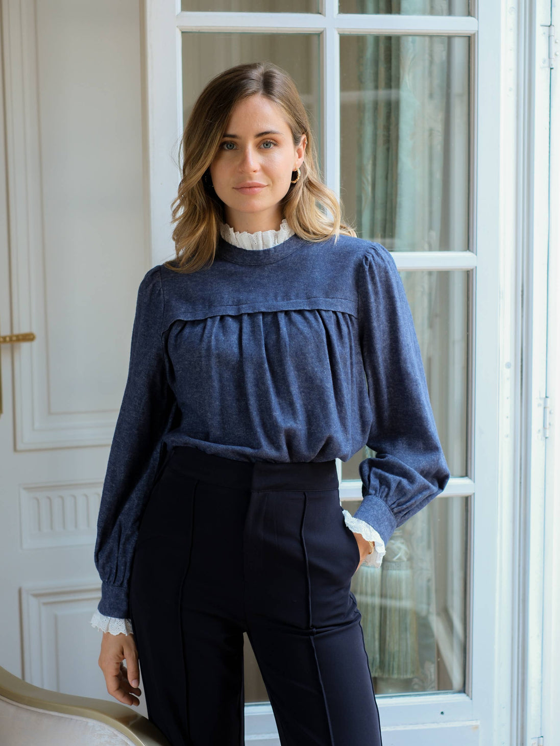 Ruffled Collar Blue Blouse