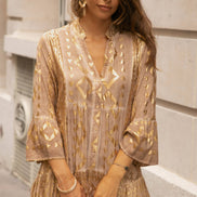 V-neck Flared Dress with Gold Print