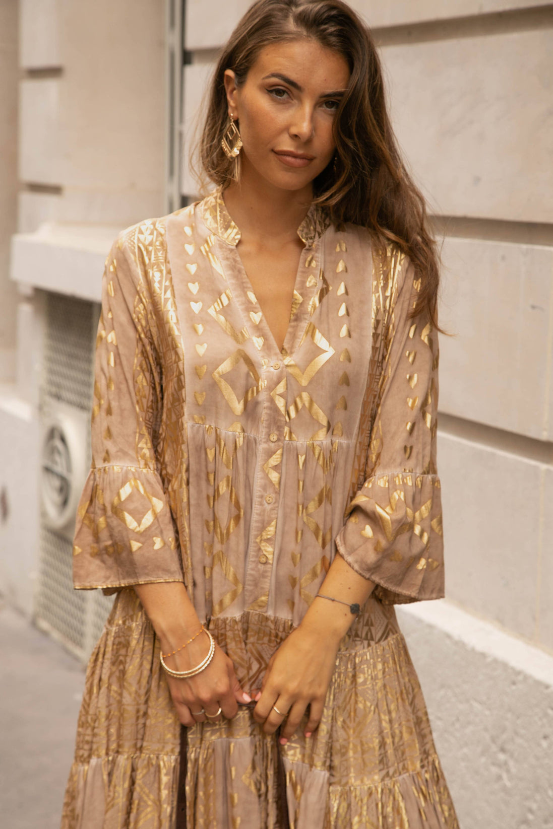 V-neck Flared Dress with Gold Print