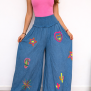 Wide Leg Embroidered Blue Pants