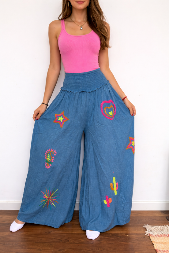Wide Leg Embroidered Blue Pants