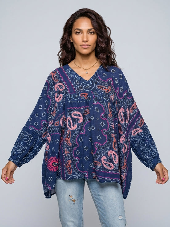 Blue & Fluo Pink Wide Blouse