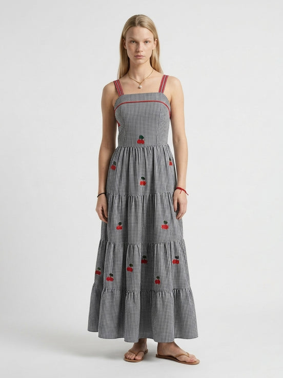 Vichy Cherry Embroidered Dress