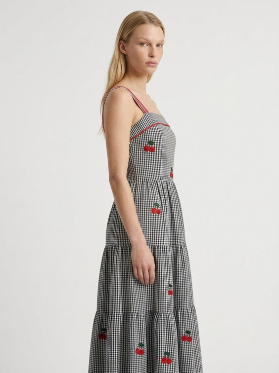 Vichy Cherry Embroidered Dress