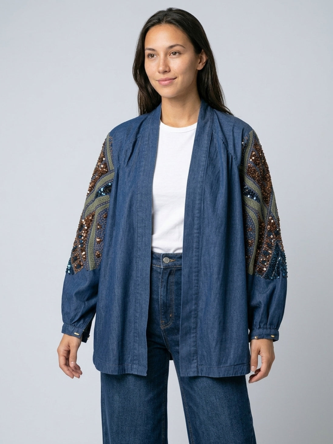 Denim and Sequin Open Kimono