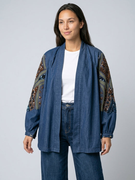 Denim and Sequin Open Kimono