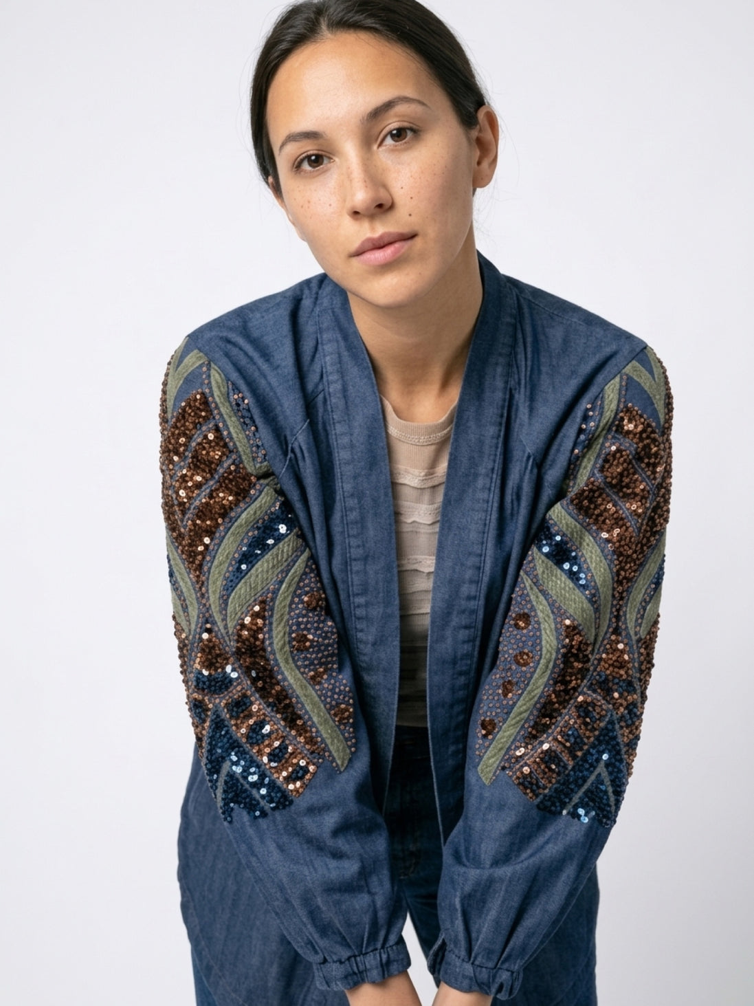 Denim and Sequin Open Kimono