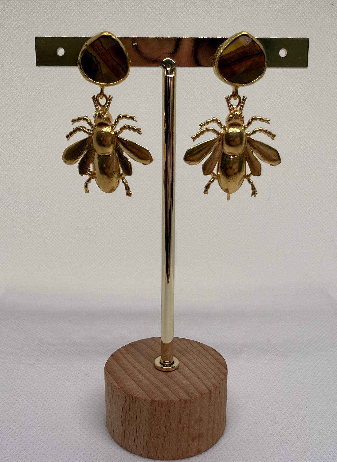 Natural Stone & Golden Bee Earrings
