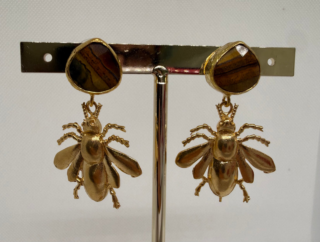 Natural Stone & Golden Bee Earrings
