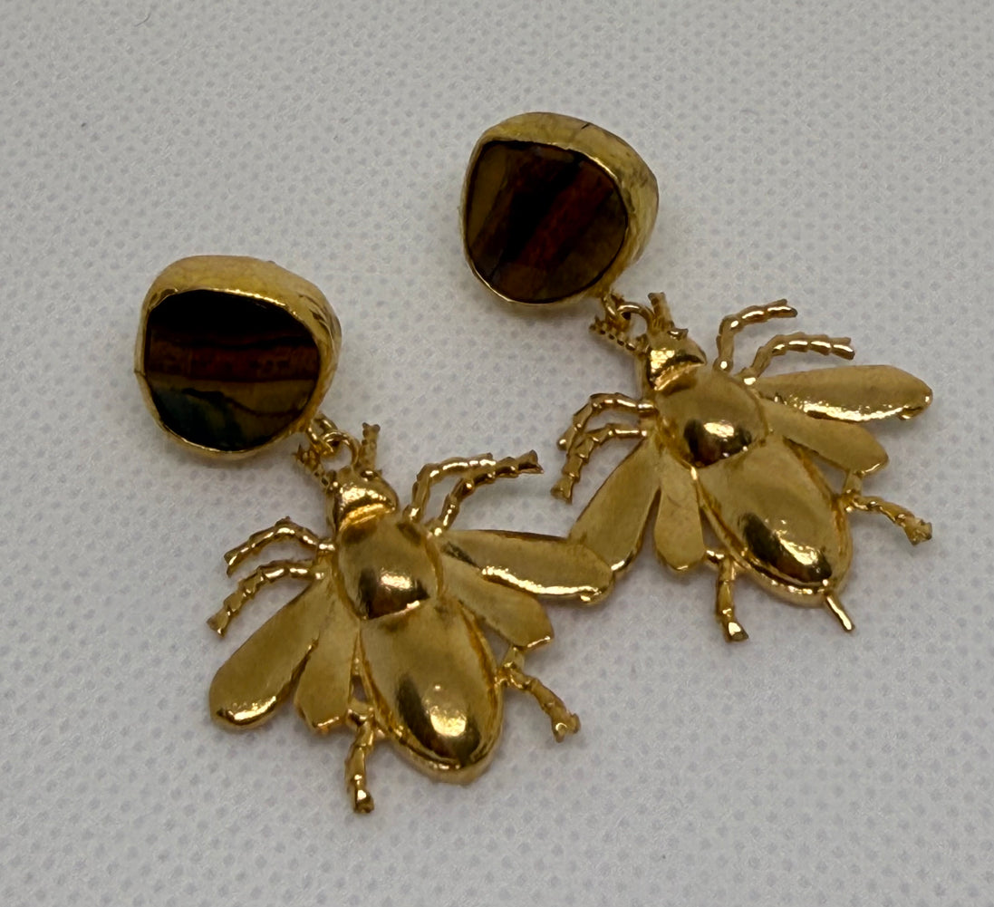 Natural Stone & Golden Bee Earrings