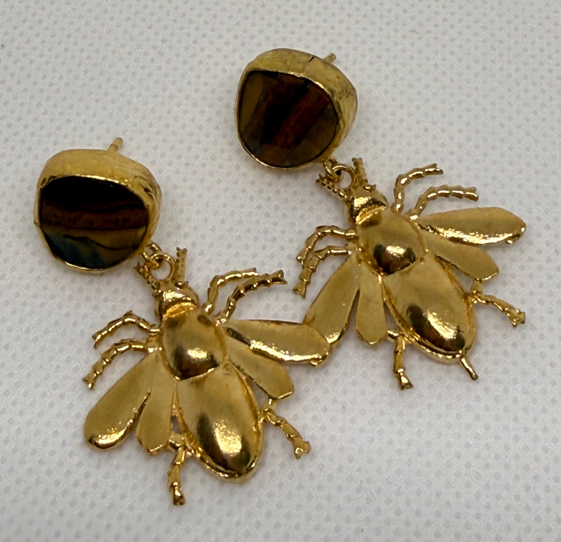 Natural Stone & Golden Bee Earrings