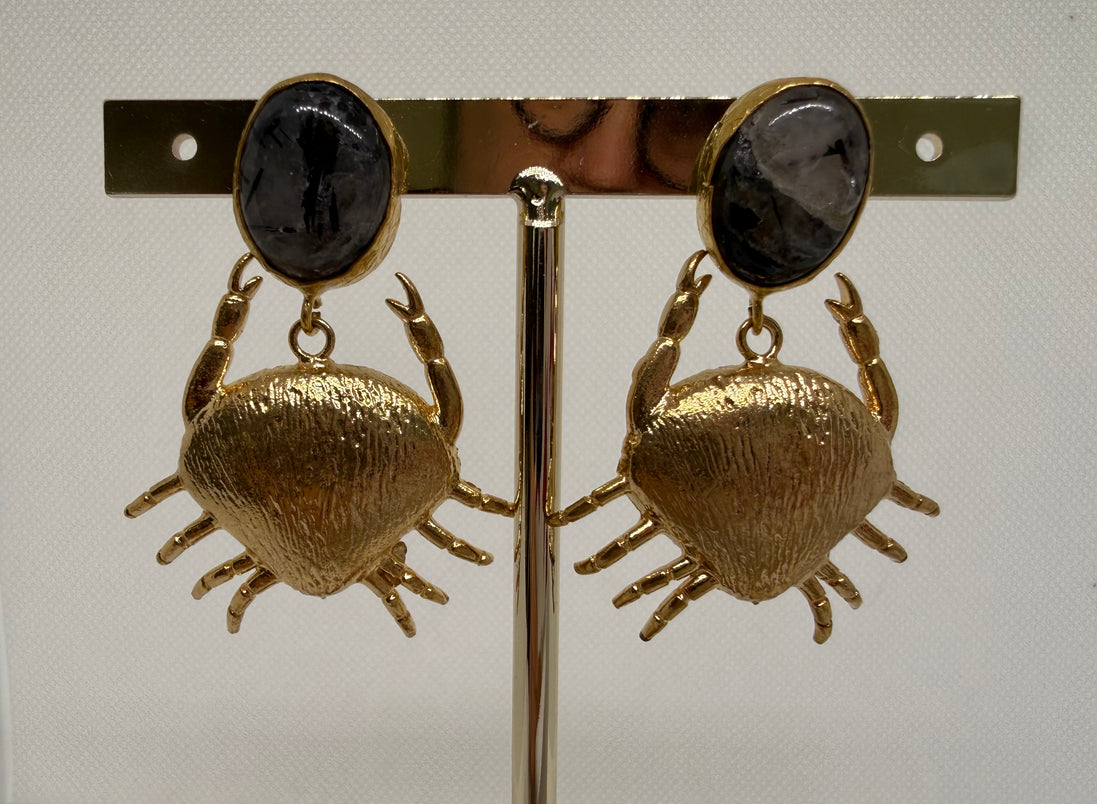 Golden Crab & Natural Stone Earrings
