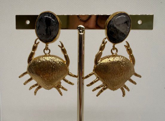 Golden Crab & Natural Stone Earrings