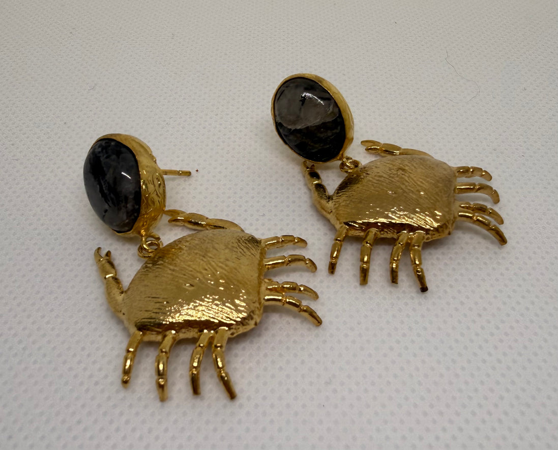 Golden Crab & Natural Stone Earrings