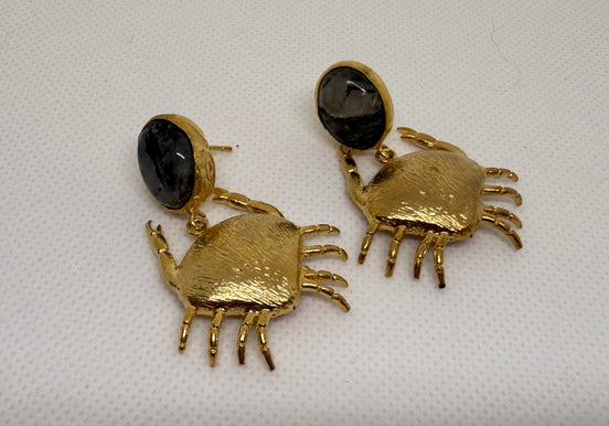 Golden Crab & Natural Stone Earrings