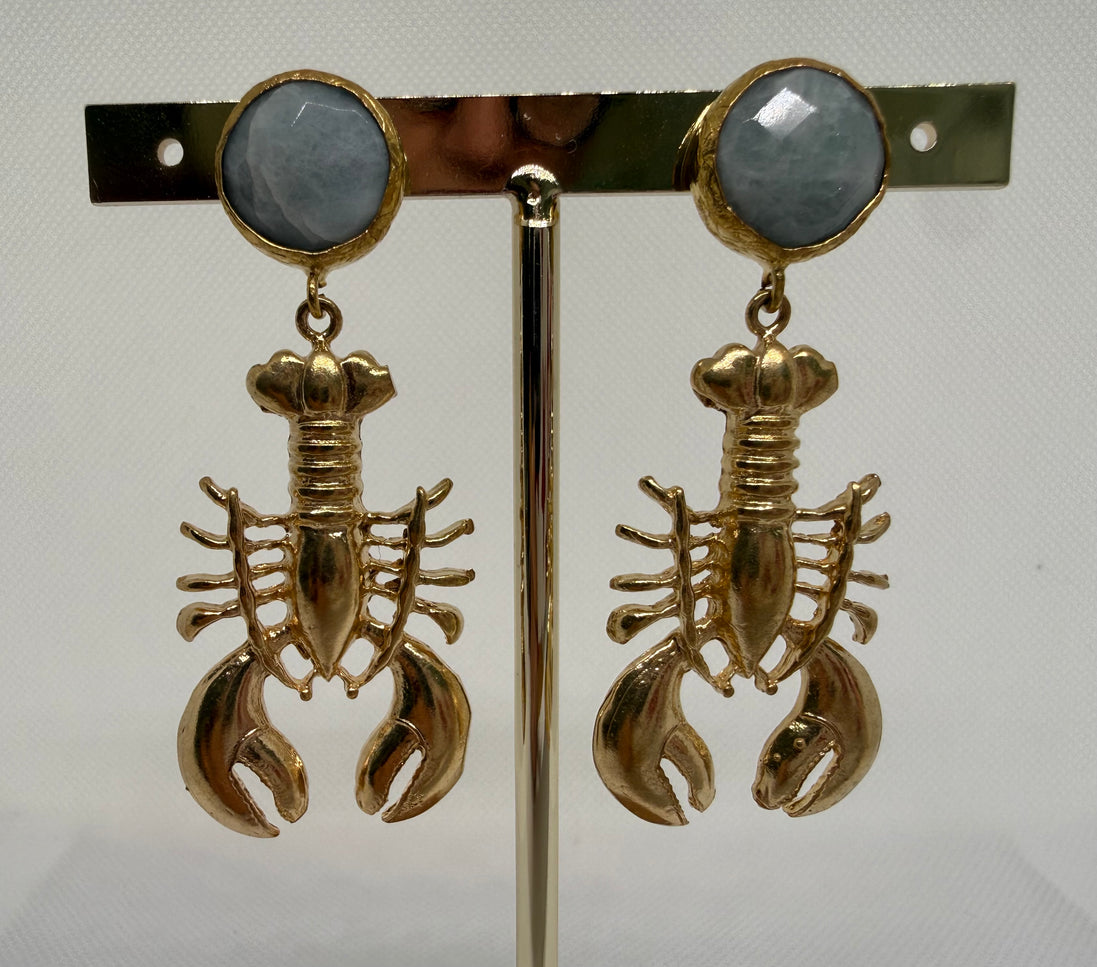 Golden Lobster & Natural Stone Earrings