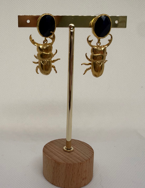 Golden Beetle & Natural Stone Earrings