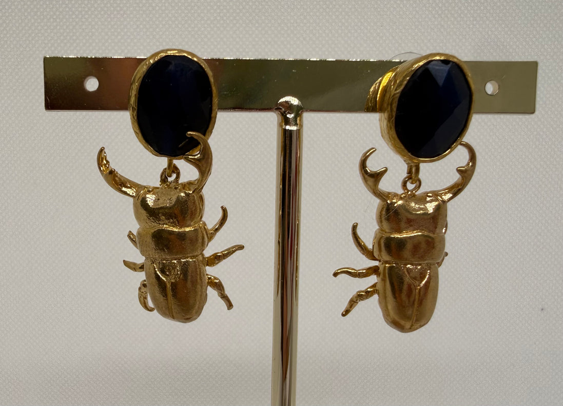 Golden Beetle & Natural Stone Earrings