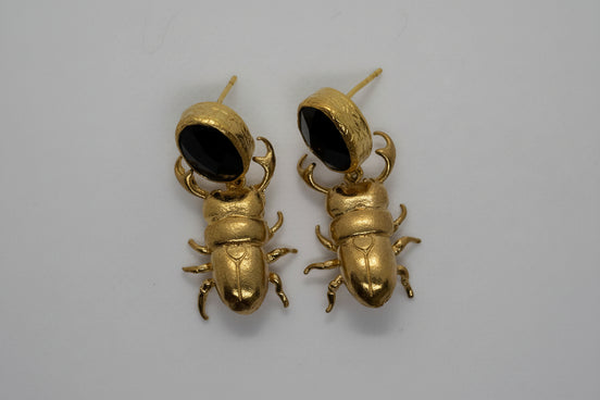 Golden Beetle & Natural Stone Earrings