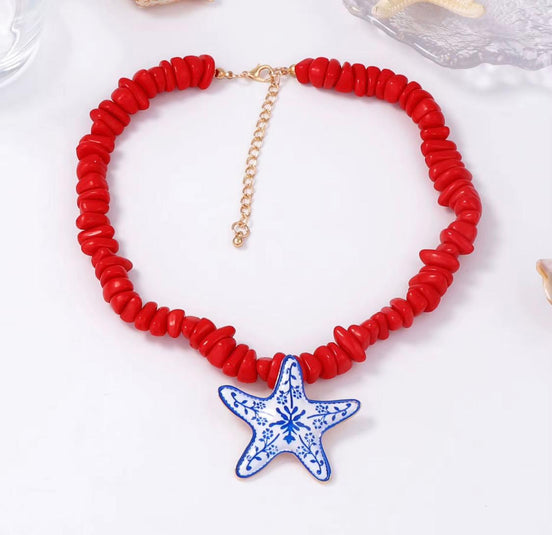 Red ceramic necklace with Star Pendant