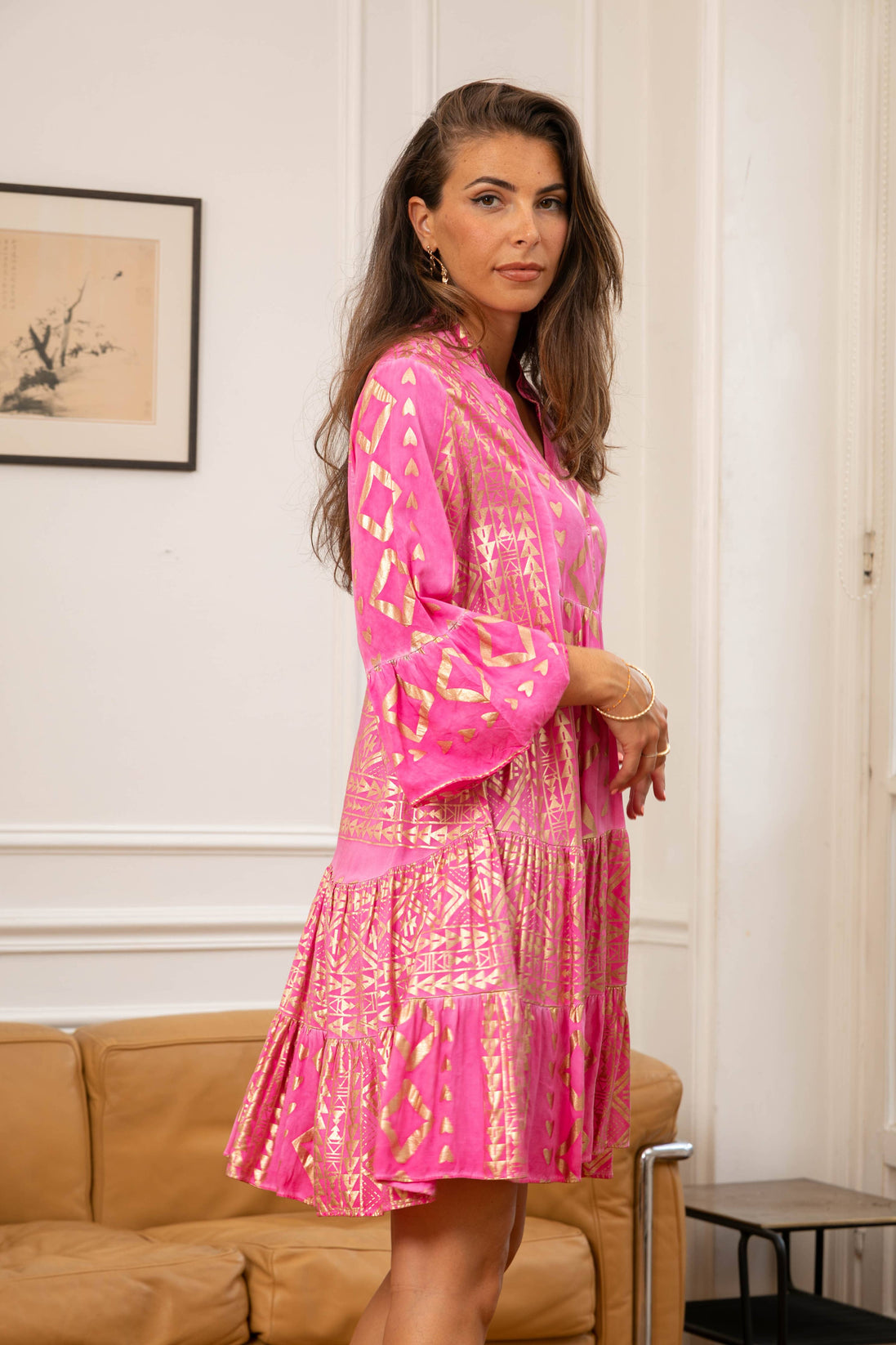 V-neck Flared Dress with Gold Print