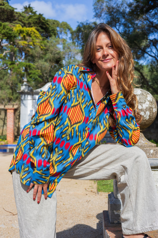 Blue Ikat Button Up Shirt
