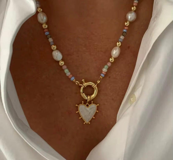 Enamel Heart & Natural Stones Necklace