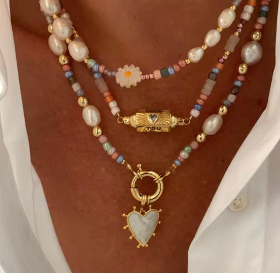 Enamel Heart & Natural Stones Necklace
