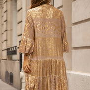 V-neck Flared Dress with Gold Print