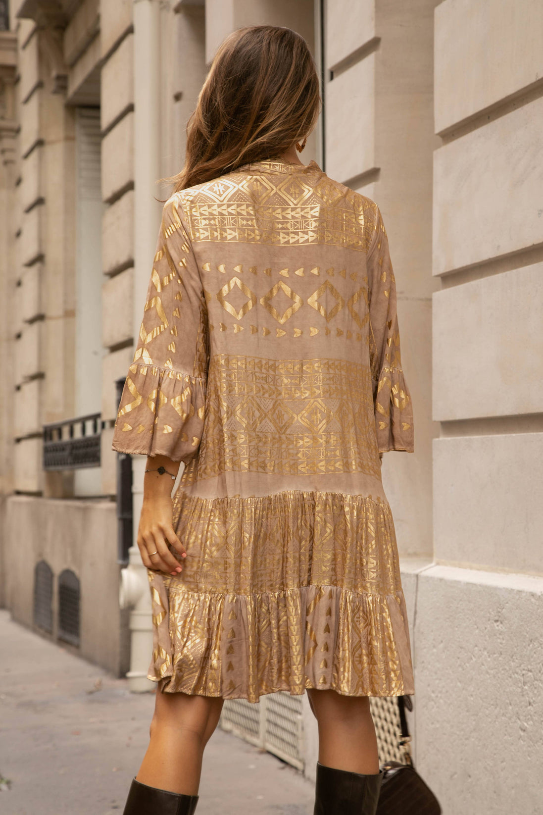 V-neck Flared Dress with Gold Print