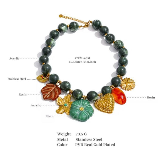 Beaded Necklace Green and Gold