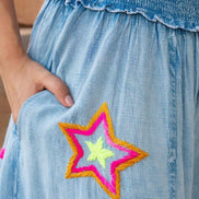 Wide Leg Embroidered Blue Pants