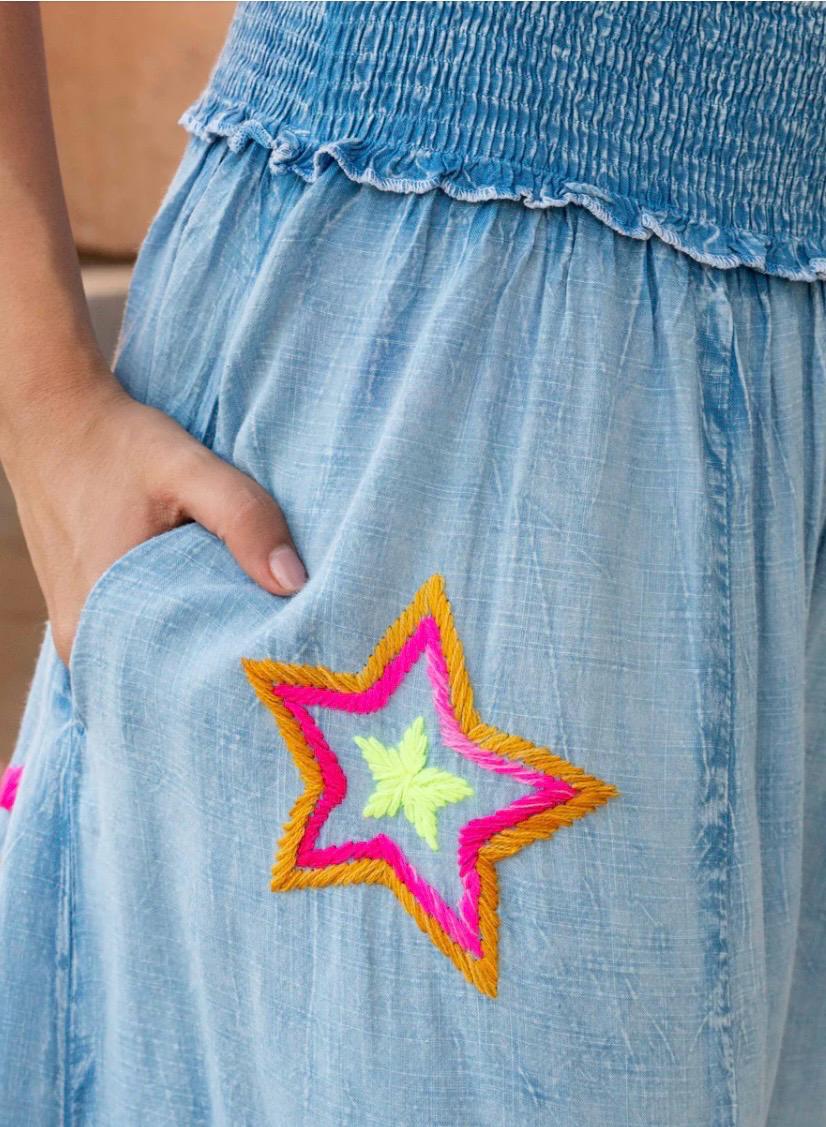 Wide Leg Embroidered Blue Pants