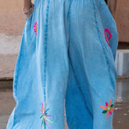 Wide Leg Embroidered Blue Pants