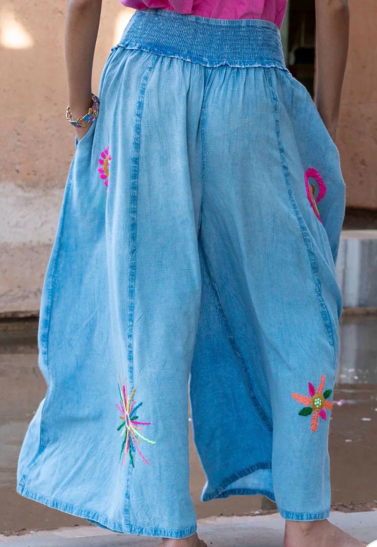 Wide Leg Embroidered Blue Pants