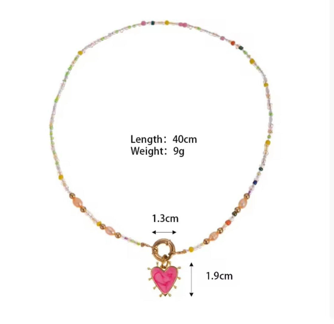 Enamel Heart & Natural Stones Necklace