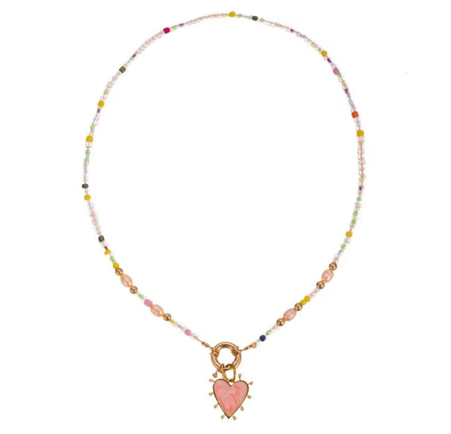 Enamel Heart & Natural Stones Necklace