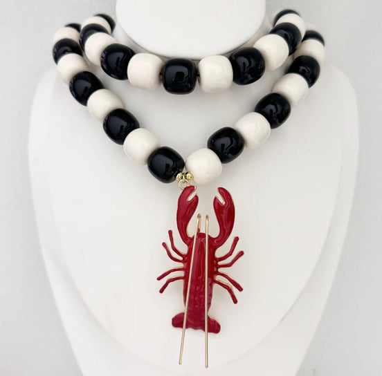 Black and White Beads Necklace with Red Lobster Charm