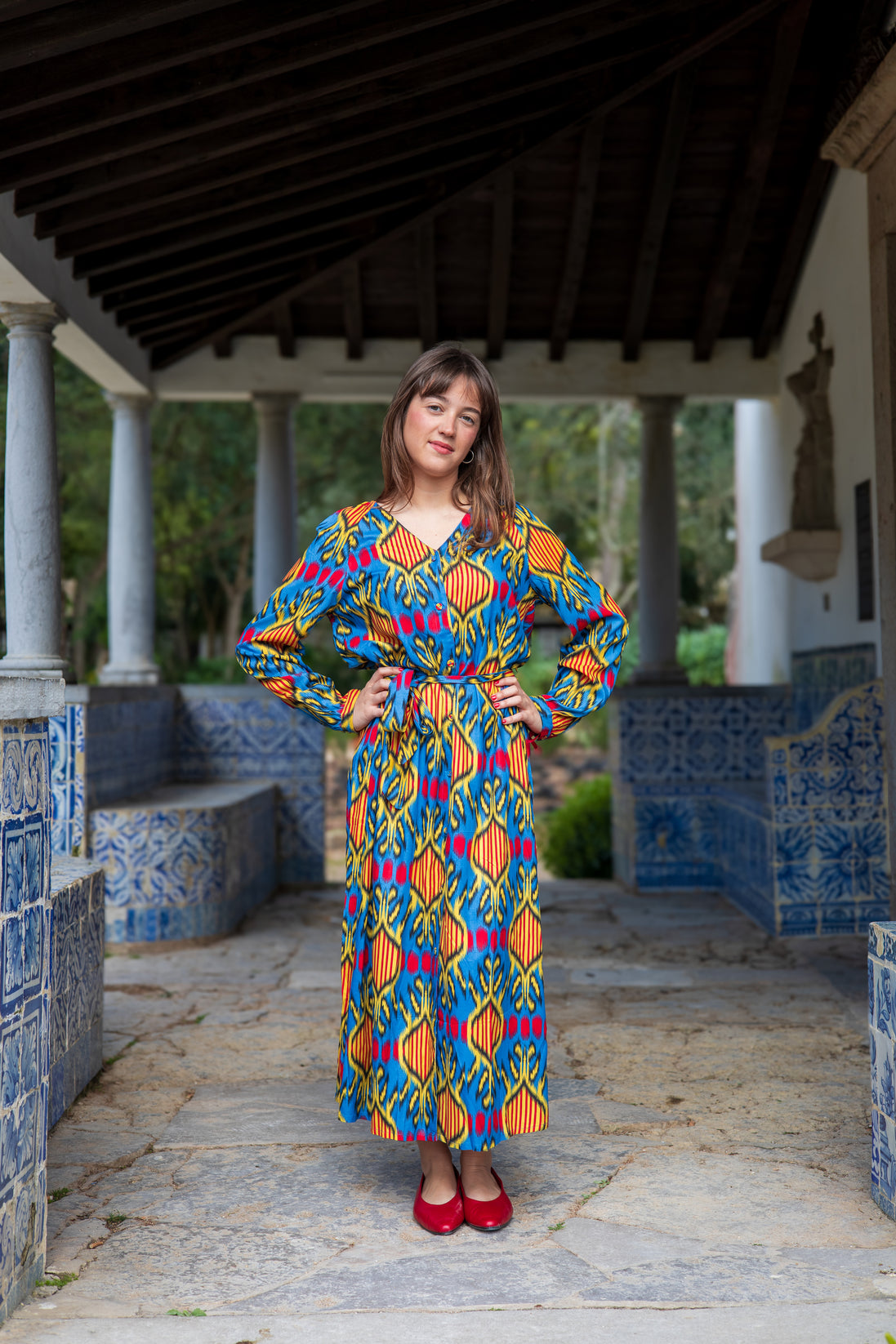 Belted Blue Ikat Dress