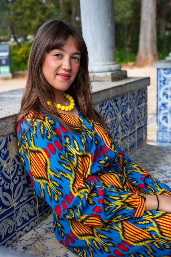 Belted Blue Ikat Dress