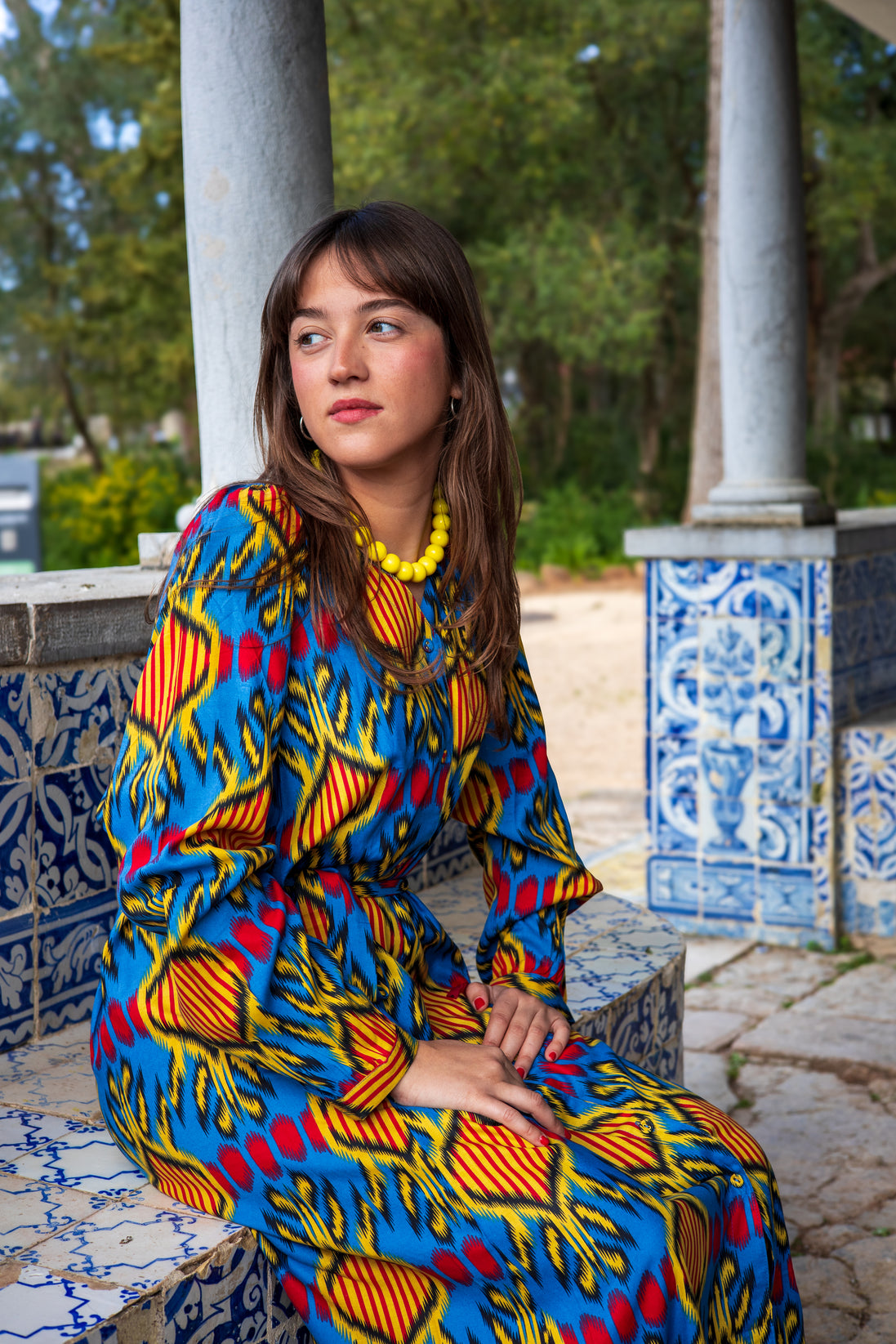 Belted Blue Ikat Dress