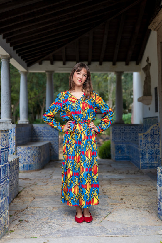 Belted Blue Ikat Dress