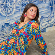 Long Sleeve Blue Ikat Dress