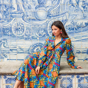 Long Sleeve Blue Ikat Dress